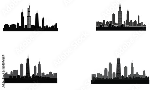 Modern city skyline silhouette illustration with tall buildings and skyscrapers