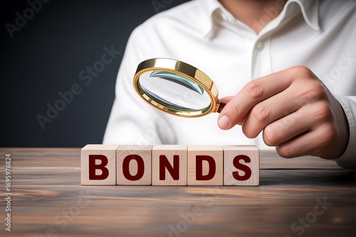 Close-up of hand holding magnifying glass over wooden blocks spelling BONDS; financial investment concept.