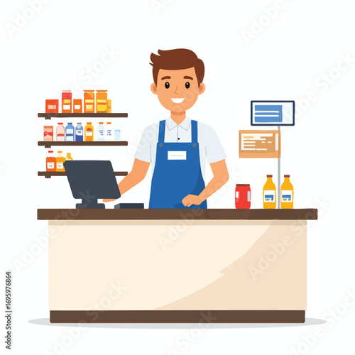 Cartoon illustration of a smiling male cashier in a blue apron standing behind a store counter.