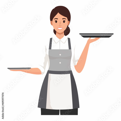 Smiling waitress holding a tray of dishes, ready to serve.