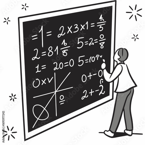 Vector art of a person writing math equations on a chalkboard, symbolizing education, problemsolving, and the pursuit of knowledge