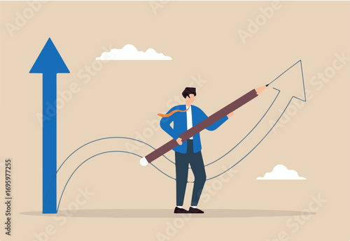 Flat illustration of businessman draws new arrow symbolizing changing direction for better career opportunity