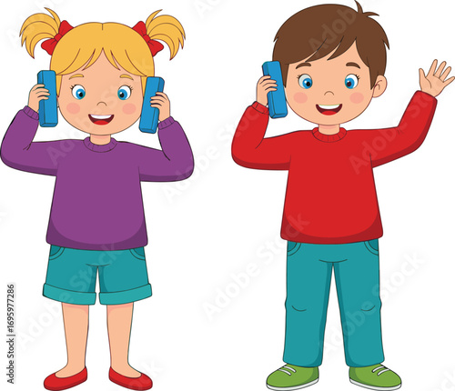 PrintCartoon children talking on toy phones, playful communication, social interaction, early learning, preschool activity, imaginative play, vector illustration