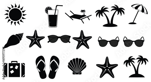 summer icons featuring sun drink beach chair palm trees shells