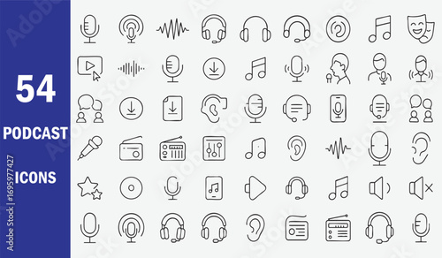 Podcast audio recording and listening icons microphone