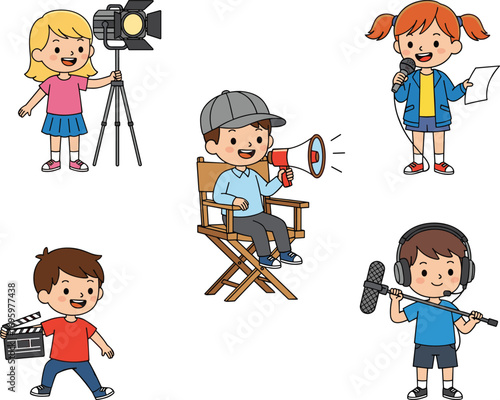 PrintCartoon children working in film production roles like director, cameraman, sound engineer, and reporter, vector illustration for creative education.