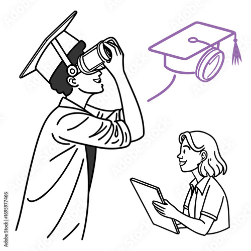 Vector art of a student with vr glasses is studying with a friend, imagining their graduation, a modern and educational illustration