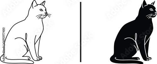 Dual-Tone Cat: A minimalist line art depicts a sleek feline figure presented in both positive and negative space, contrasting the graceful form with striking simplicity.