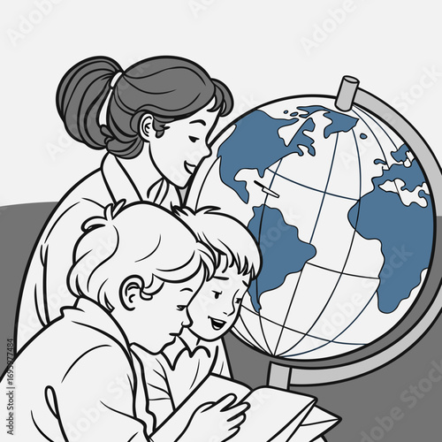 Vector art of a teacher and two students are looking at a globe and a book while studying geography, learning about the world
