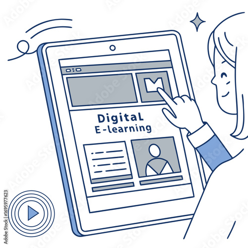 Vector art of a woman is interacting with a digital elearning platform on a tablet, accessing online courses and educational resources