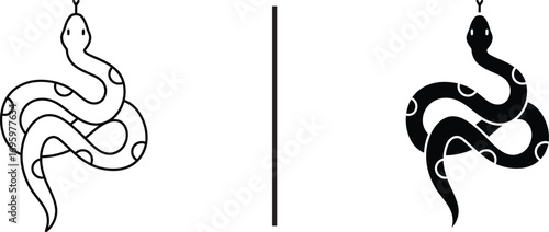 Serpentine Duo: A minimalist graphic presents two stylized snakes, one in outline and the other a bold silhouette, divided by a central vertical line, a striking study in contrasts.
