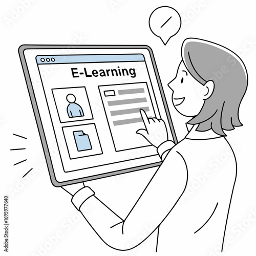 Vector art of a woman is interacting with an elearning platform on a tablet, accessing online courses and educational resources