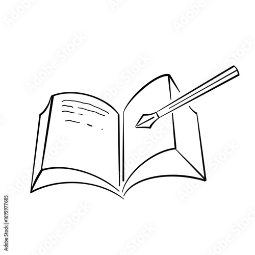 open book with pen vector line art hand drawn illustration 