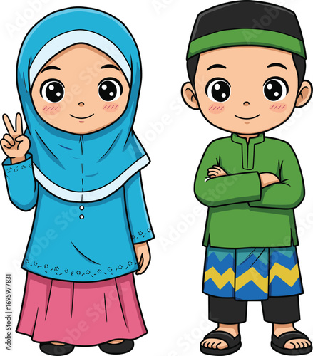 PrintCartoon Malay boy and girl in traditional clothing smiling, cultural vector illustration for Hari Raya, Eid celebration, heritage, festival, and education