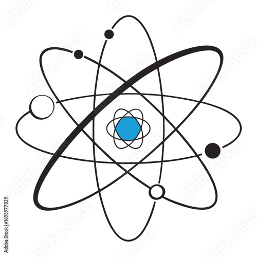 Vector art of atom, a symbol of science, knowledge, and progress, representing the fundamental building block of matter and the universe