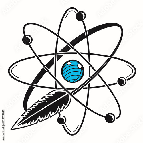 Vector art of atom with feather, a symbol of science, knowledge, and progress, representing the fusion of nature and technology in a unique design