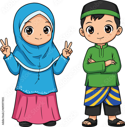 PrintCartoon Malay children in traditional clothing smiling, cultural vector illustration for Hari Raya, Eid celebration, heritage, festival, and educational design