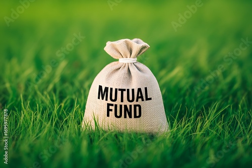 Money Bag Labeled Mutual Fund in Lush Green Grass: Investment Growth Concept