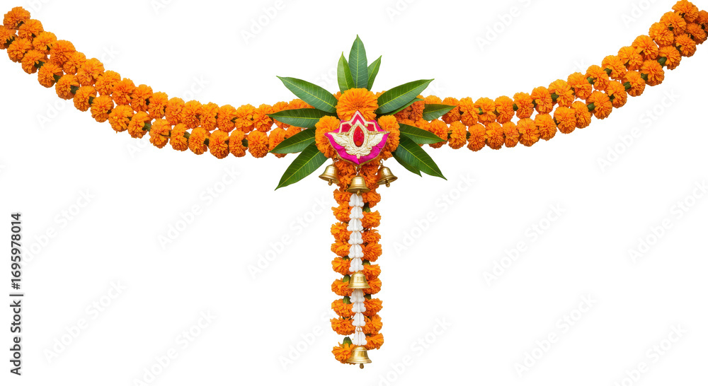 Obraz premium Vibrant Floral Decoration: A stunning marigold garland, adorned with intricate floral details and lush green leaves, hangs gracefully, representing a symbol of celebration and beauty.