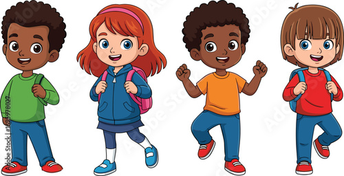 PrintCheerful diverse cartoon children with backpacks posing happily for school, education, friendship, learning, classroom, childhood, and social activity concepts
