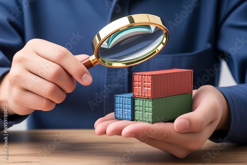 Close-up of hands holding shipping containers, magnified with a gold magnifying glass; serious, detailed inspection concept.
