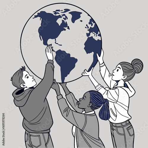 Vector art of diverse group of teenagers collaborate to lift a globe, symbolizing teamwork, global awareness, and environmental responsibility