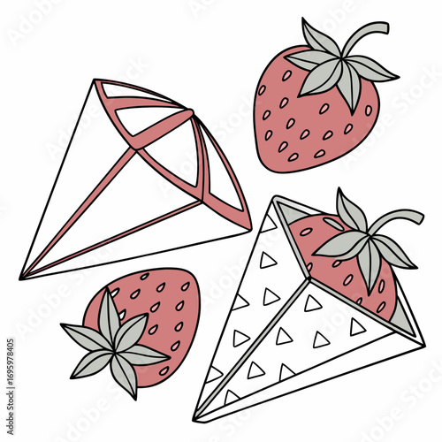 Vector art of geometric strawberry design featuring stylized strawberries and origamilike shapes, presenting a contemporary and cheerful aesthetic