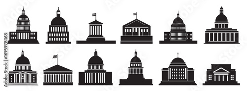 Government Building Icon Set – Public Institution Vector Symbols. Parliament and Court Building Icons – Architecture Vector Pack.