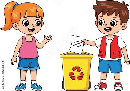 PrintCute children happily recycling paper in yellow bin with recycle symbol, promoting environmental awareness and eco-friendly habits vector illustration.