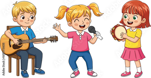 PrintCute kids playing musical instruments together, boy with guitar, girl singing with microphone, girl playing tambourine, happy children illustration