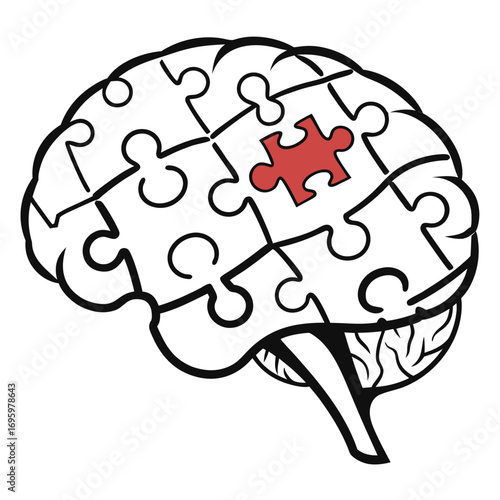 Vector art of human brain as a puzzle with one red piece, symbolizing memory loss, dementia, alzheimers disease, or cognitive function