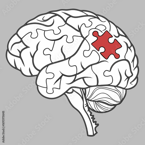Vector art of human brain with a red puzzle piece, symbolizing cognitive function, memory, problemsolving, and the complexity of the mind, on a gray background