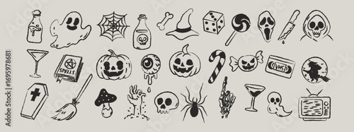 Halloween grunge sketch icons set, black and white, hand drawn vector illustration, pumpkin, ghost, skull, spider, coffin, broom, witch hat, potion, spellbook, eyeball, candy, knife, skeleton, retro 