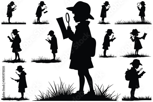 Children silhouettes exploring with magnifying glass and paper
