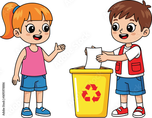 PrintHappy children practicing recycling by throwing paper into bin, perfect for environmental education, school posters, and eco-friendly awareness vector designs.