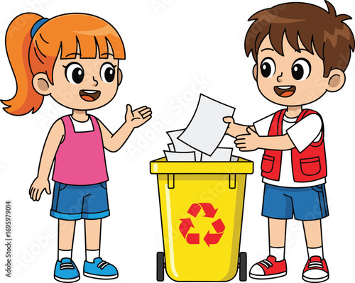 PrintHappy kids recycling paper in yellow bin with recycle symbol, promoting environmental responsibility and sustainable habits vector illustration.
