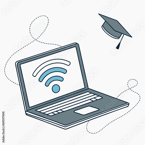 Vector art of online education concept with laptop and graduation cap elearning, remote study, webinar, course, tutorial, training