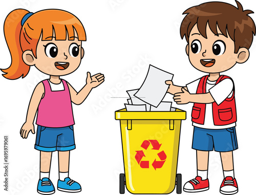 PrintHappy kids recycling paper in yellow bin, eco-friendly environment awareness, children practicing waste management, promoting green habits and sustainability, cartoon vector illustration.