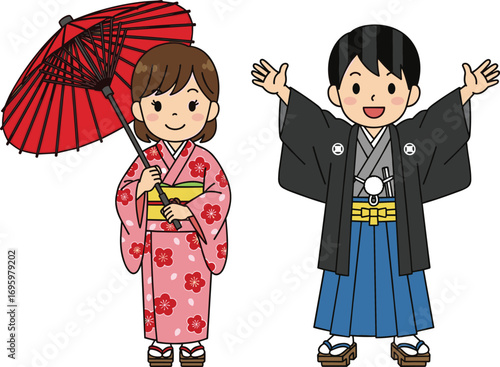 PrintJapanese Children in Traditional Kimono and Hakama with Red Umbrella – Cultural Festival Clothing Vector Illustration for Heritage and Celebration