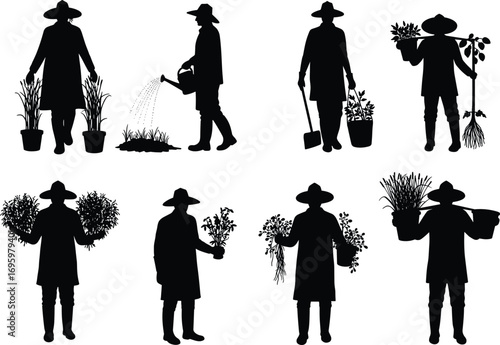 PrintSilhouette vector illustration of farmers working in fields, planting, watering, harvesting, carrying plants, agricultural tools, eco farming concept design.