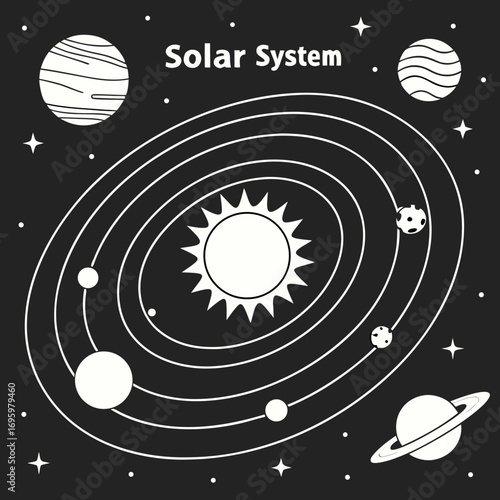Vector art of solar system illustration with planets orbiting the sun on a dark background, creating a visually appealing and educational representation of space