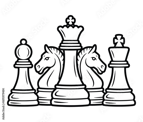 Classic chess pieces including king queen knight and bishop in a stylized line drawing