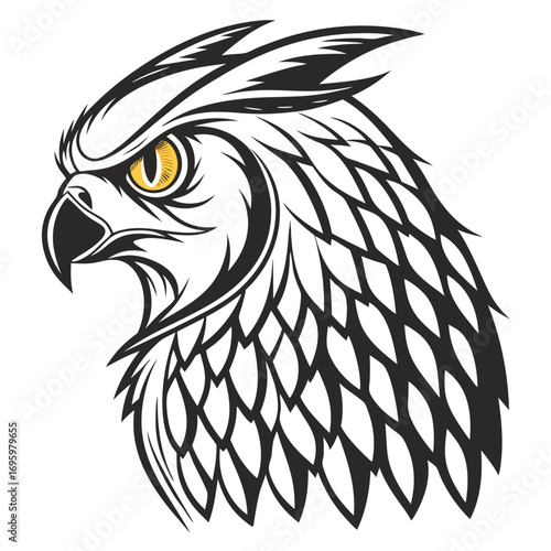 Vector art of striking owl head illustration, highlighting sharp features and intense stare, representing intelligence and keen observation