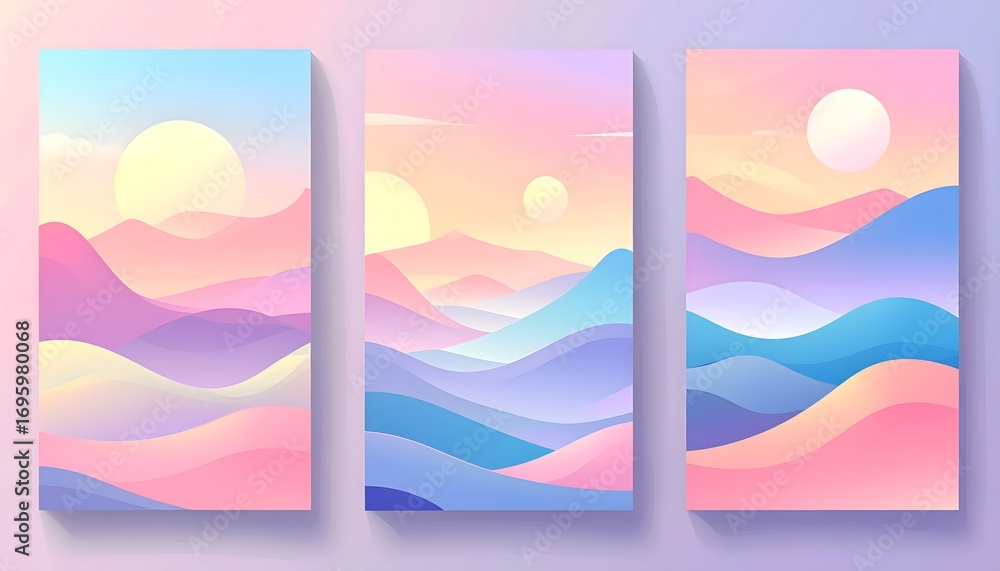 Fototapeta premium Serene Mountain Landscape Art Prints Pastel Hues of Sunrise, Sunset, and Nature's Beauty