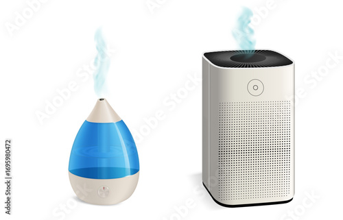 A set of realistic air humidifiers. Minimalistic devices for comfortable rest in a modern interior