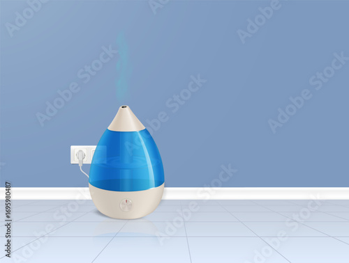 Realistic air humidifier with transparent tank. Indoor appliance casting shadow and reflection on clean floor