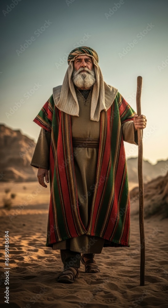 Fototapeta premium Biblical era man, a prophet or apostle wearing traditional clothing, stands with a staff in a desert landscape. Religious and spiritual journey.