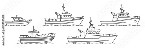 Outlined Collection of Fishing Boats and Motorboats on Water Ready for Coloring Pages and Creative Projects for Children