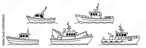 Line art illustration of fishing boats on white background perfect for nautical themed designs and educational resources and coloring books