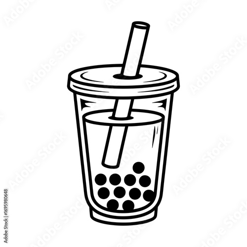 Black and White Bubble Tea Icon Illustration with Tapioca Pearls and Straw in a Plastic Cup